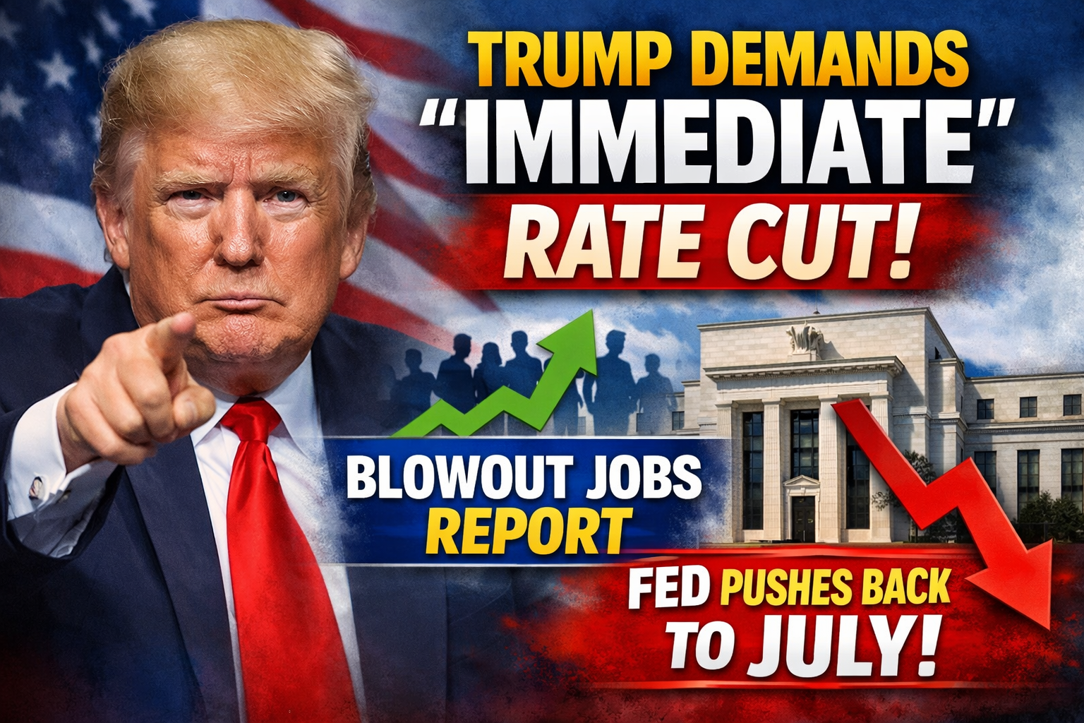 Trump Demands ‘Immediate’ Rate Cut After Blowout Jobs Report – Fed Pushes Back to July